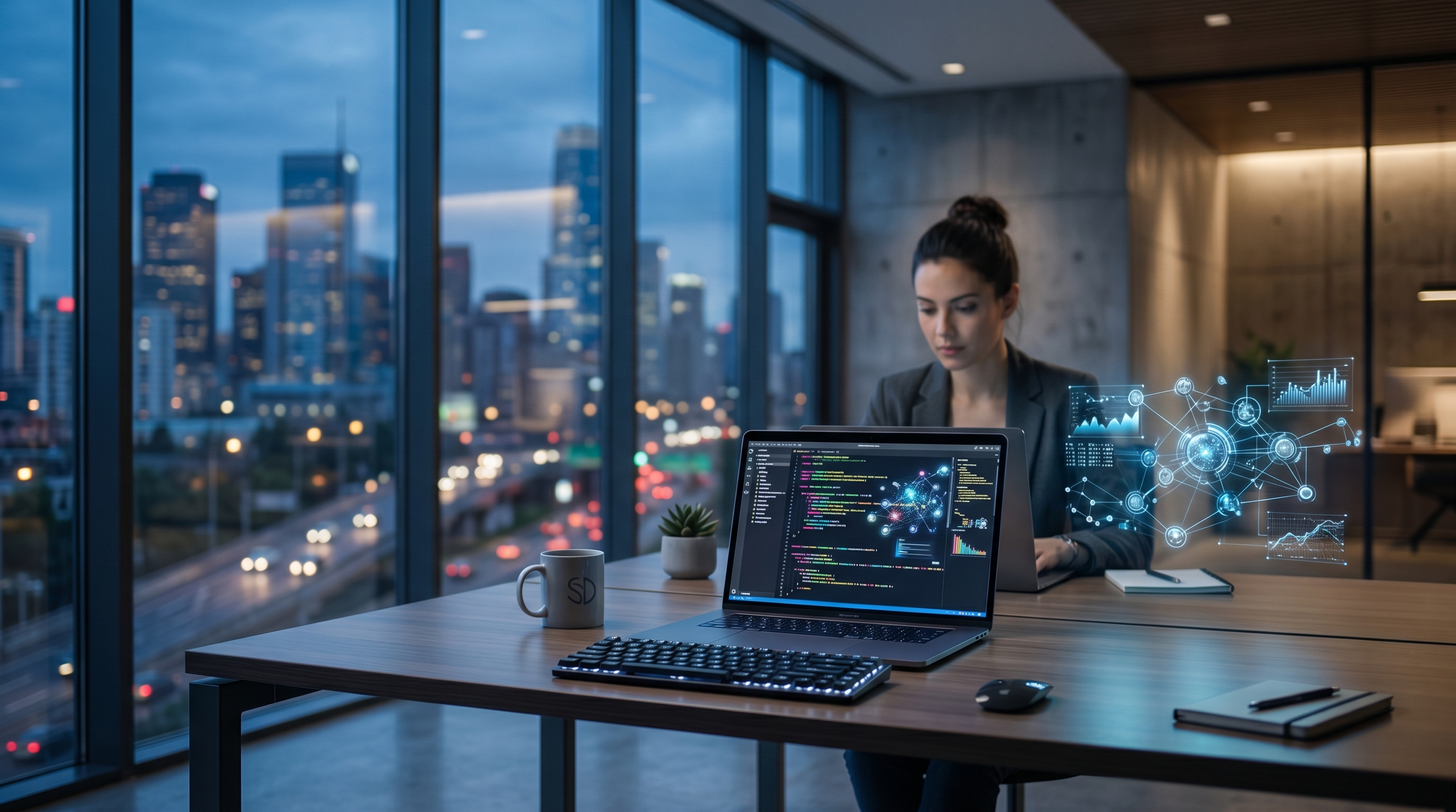 Multi-monitor analytics setup with business growth visualizations