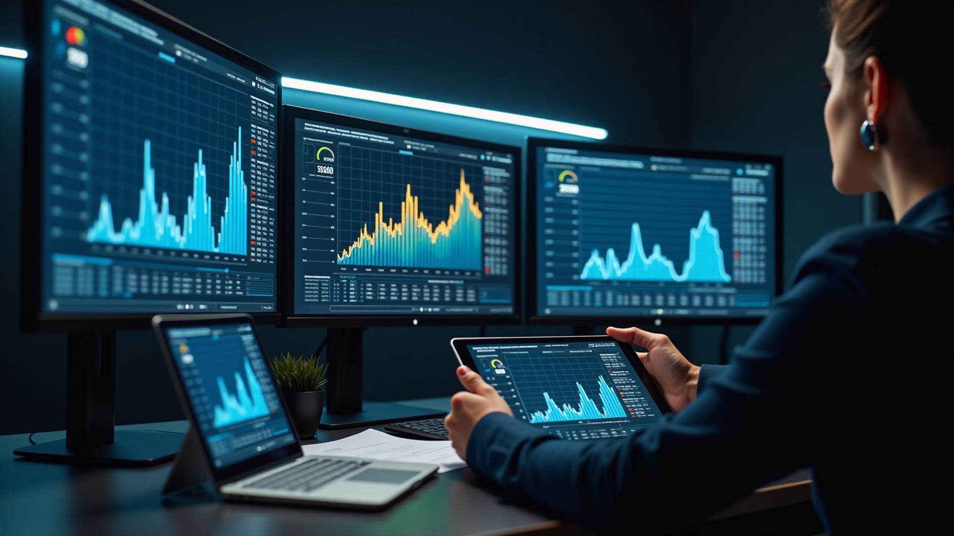Multi-monitor analytics setup with business growth visualizations